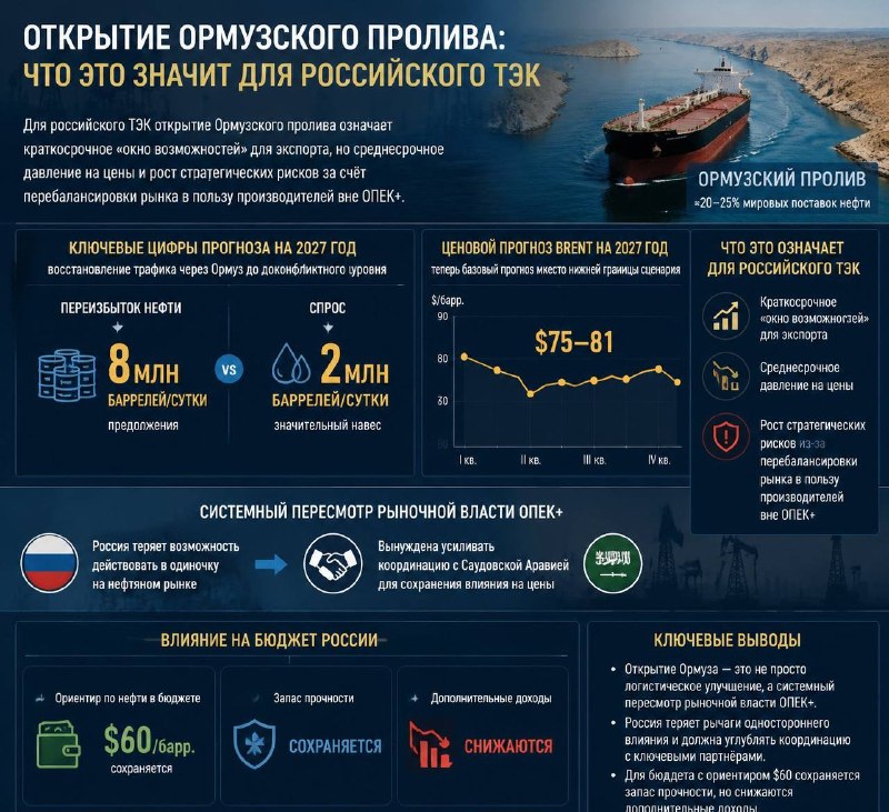 Для российского ТЭК открытие Ормузского пролива означает краткосрочное «окно возможностей» для экспорта, но среднесрочное давление на цены и
