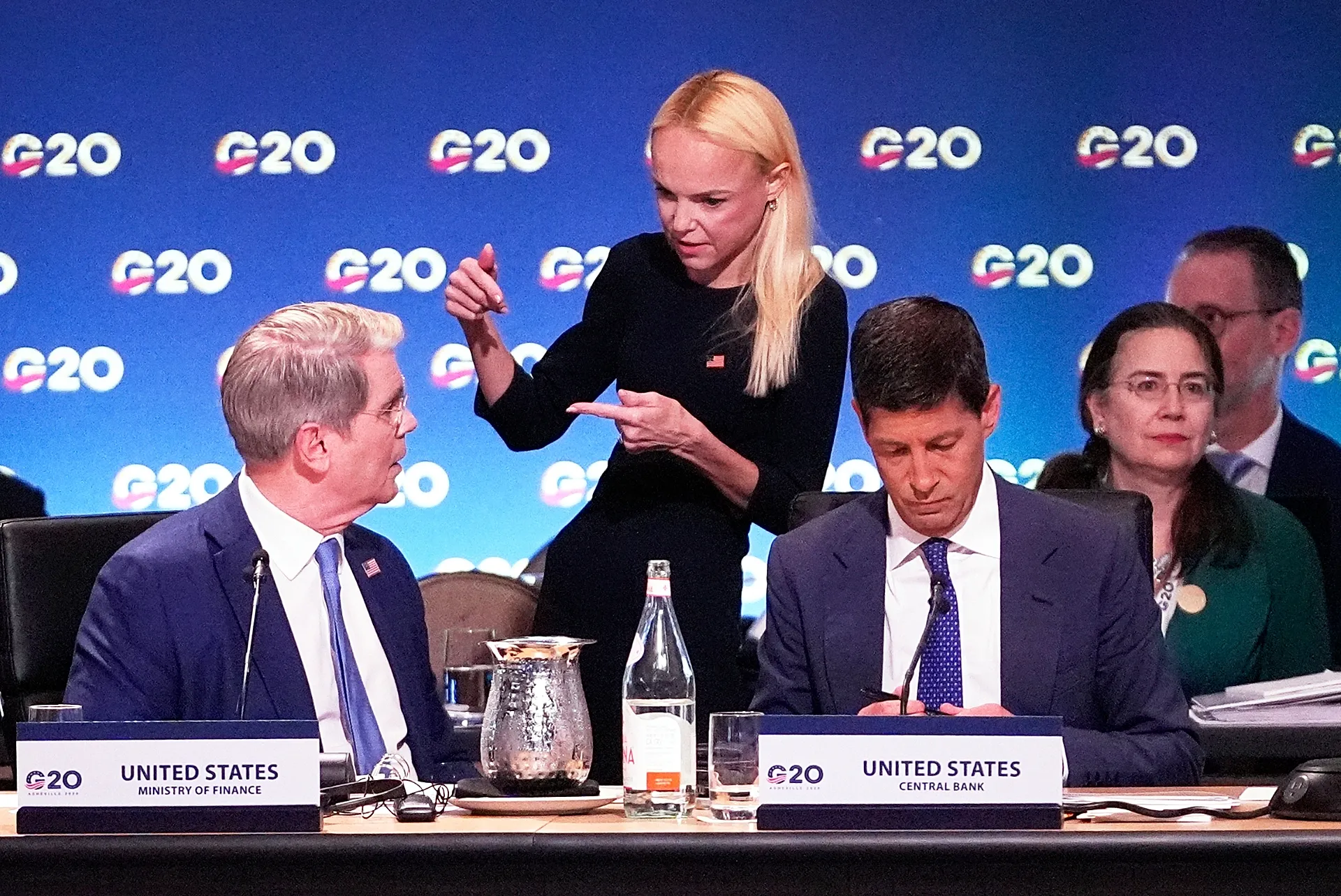 FILE. US Treasury Under Secretary for International Affairs Erin Browne talks with US Treasury Secretary Scott Bessent at the G20 in Asheville, North Carolina, 31 Aug. 2026